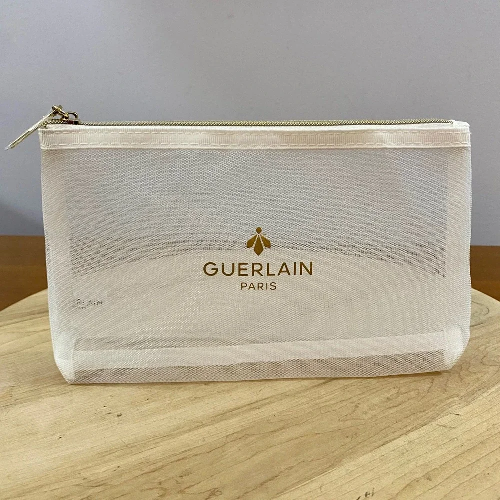 Guerlain Paris Cosmetic Bag Women White Mesh Gold Bee Logo Makeup Pouch Zipper